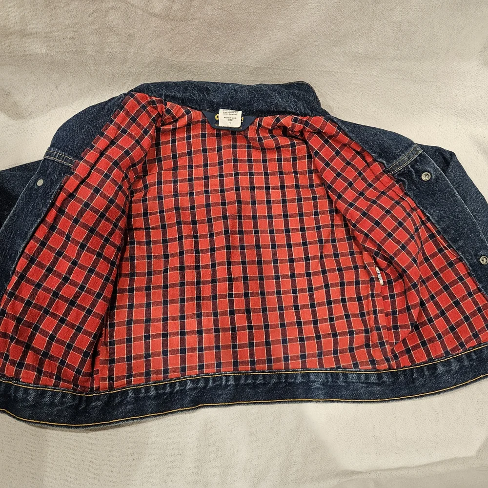 Vintage OshKosh B'gosh Blue Denim Jacket with Red Plaid Lining
